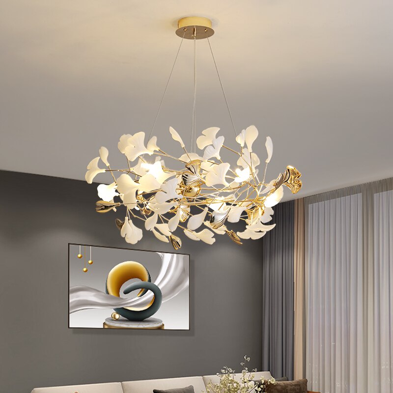 Indoor Lighting Luxury Ceramic Chandelier Live Dining Study Room Ginkgo Branch Leaf Pendant Copper Art Villa Led Hanging Lustres