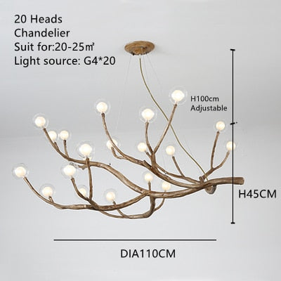 Simulation Resin Iron Tree Branch Glass Bubble Led Pendant Chandelier For Living Room Dining Retro House Decor Hanging Lighting