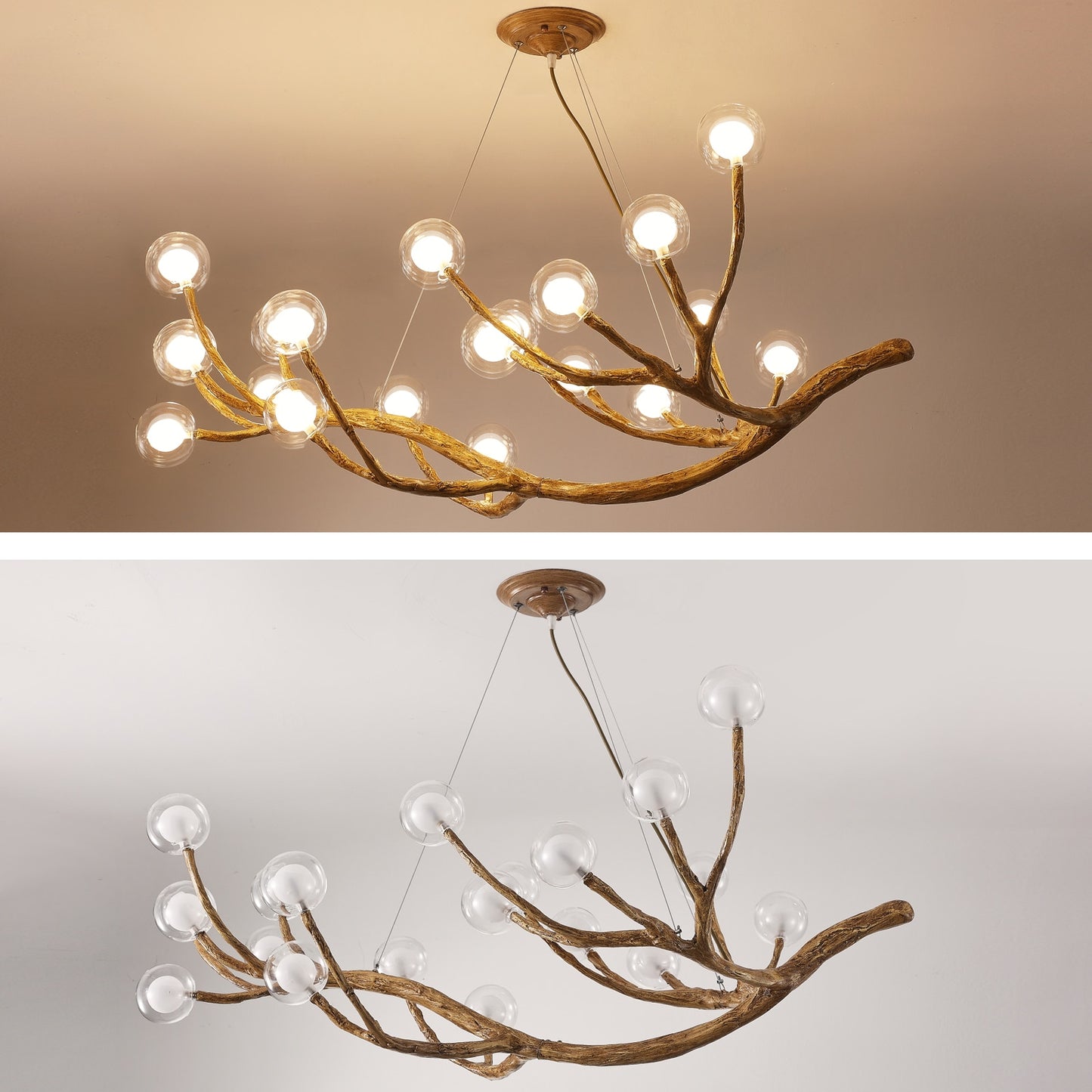 Simulation Resin Iron Tree Branch Glass Bubble Led Pendant Chandelier For Living Room Dining Retro House Decor Hanging Lighting