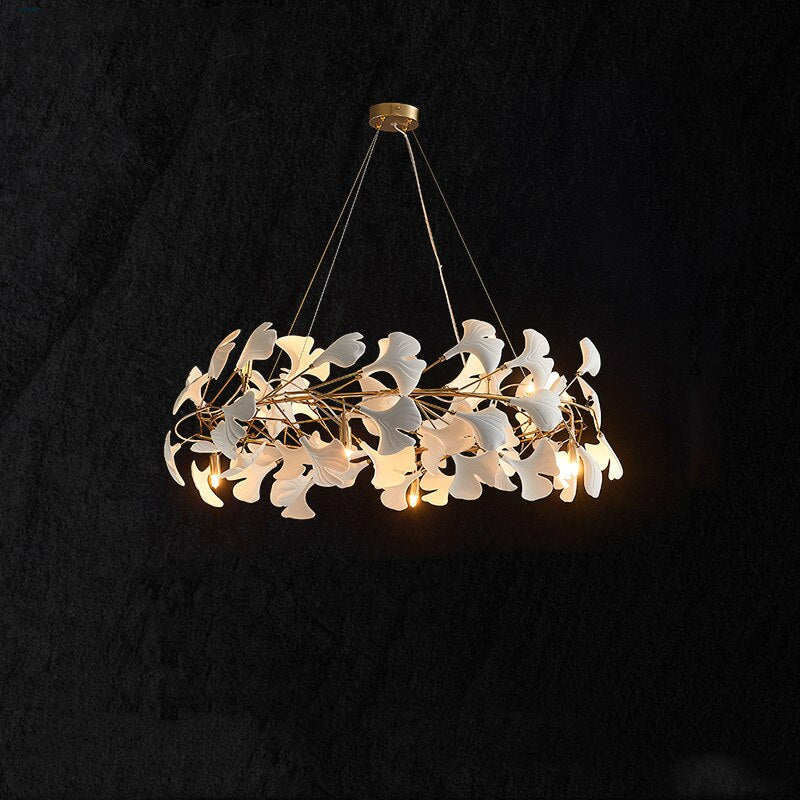 Indoor Lighting Luxury Ceramic Chandelier Live Dining Study Room Ginkgo Branch Leaf Pendant Copper Art Villa Led Hanging Lustres