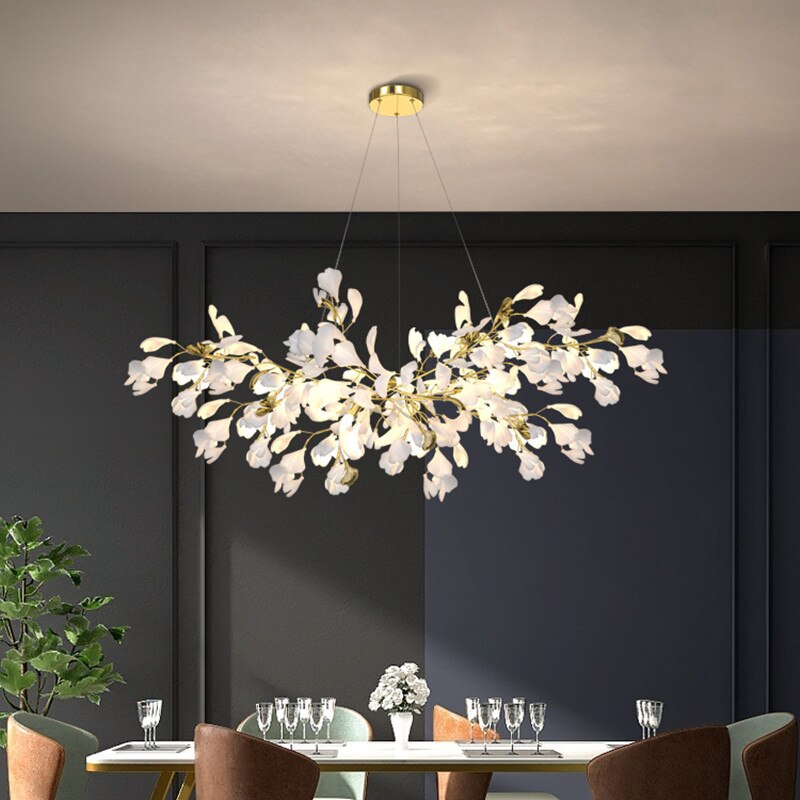 Indoor Lighting Luxury Ceramic Chandelier Live Dining Study Room Ginkgo Branch Leaf Pendant Copper Art Villa Led Hanging Lustres