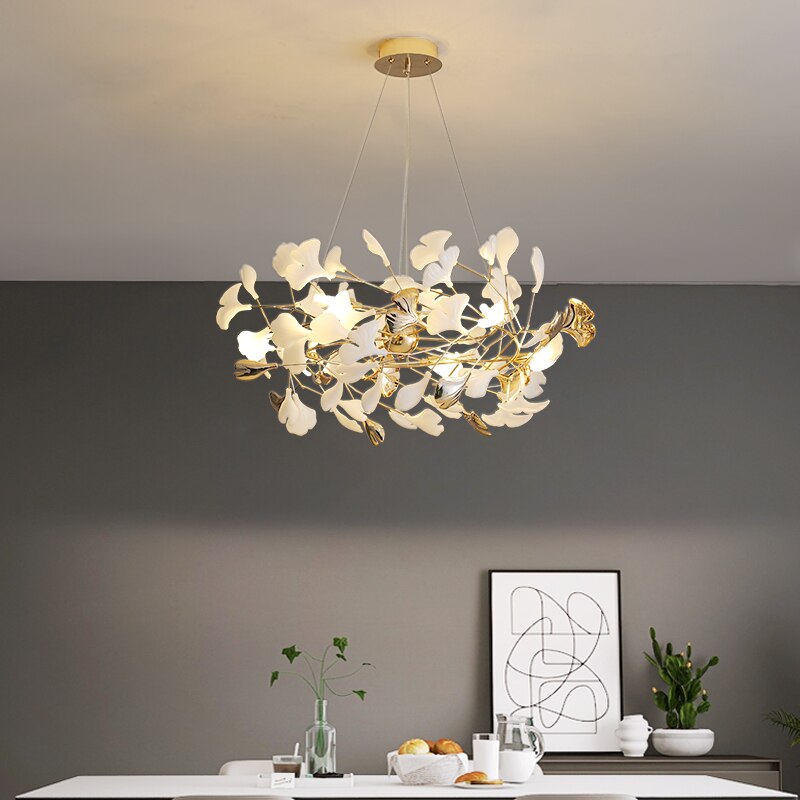 Indoor Lighting Luxury Ceramic Chandelier Live Dining Study Room Ginkgo Branch Leaf Pendant Copper Art Villa Led Hanging Lustres