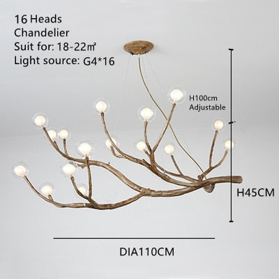 Simulation Resin Iron Tree Branch Glass Bubble Led Pendant Chandelier For Living Room Dining Retro House Decor Hanging Lighting