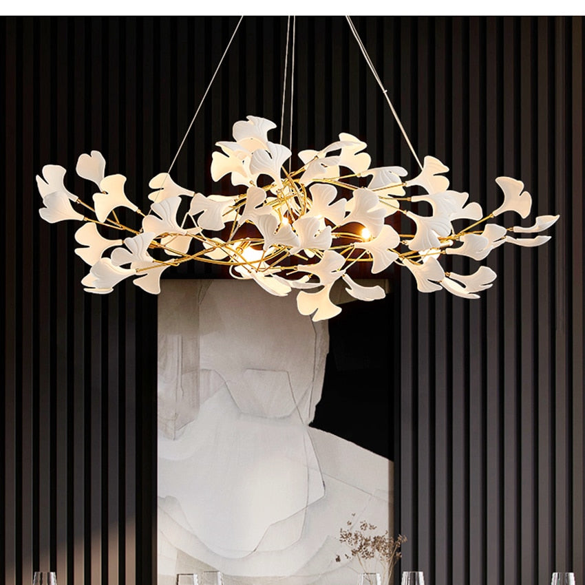 Indoor Lighting Luxury Ceramic Chandelier Live Dining Study Room Ginkgo Branch Leaf Pendant Copper Art Villa Led Hanging Lustres