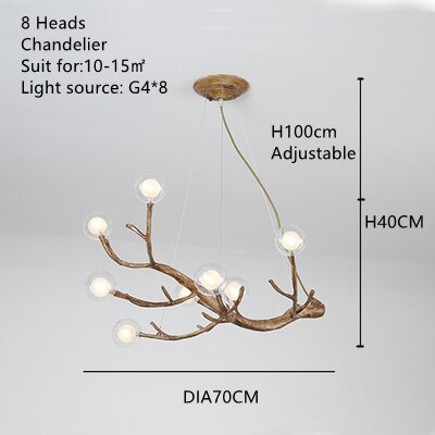 Simulation Resin Iron Tree Branch Glass Bubble Led Pendant Chandelier For Living Room Dining Retro House Decor Hanging Lighting