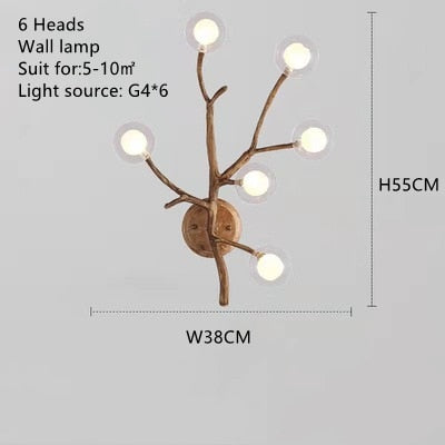 Simulation Resin Iron Tree Branch Glass Bubble Led Pendant Chandelier For Living Room Dining Retro House Decor Hanging Lighting