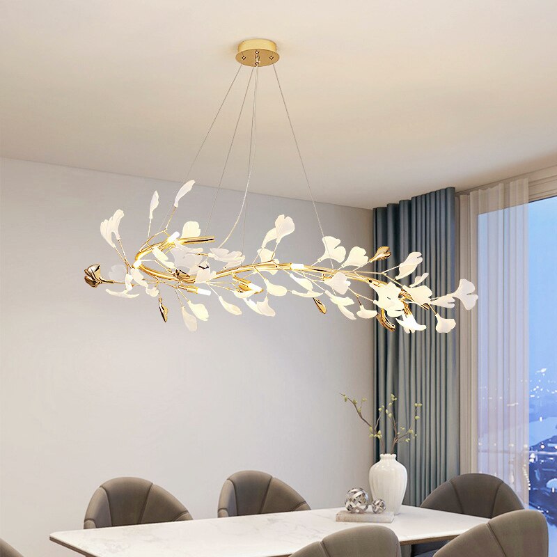 Indoor Lighting Luxury Ceramic Chandelier Live Dining Study Room Ginkgo Branch Leaf Pendant Copper Art Villa Led Hanging Lustres