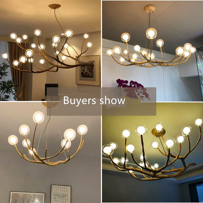 Simulation Resin Iron Tree Branch Glass Bubble Led Pendant Chandelier For Living Room Dining Retro House Decor Hanging Lighting