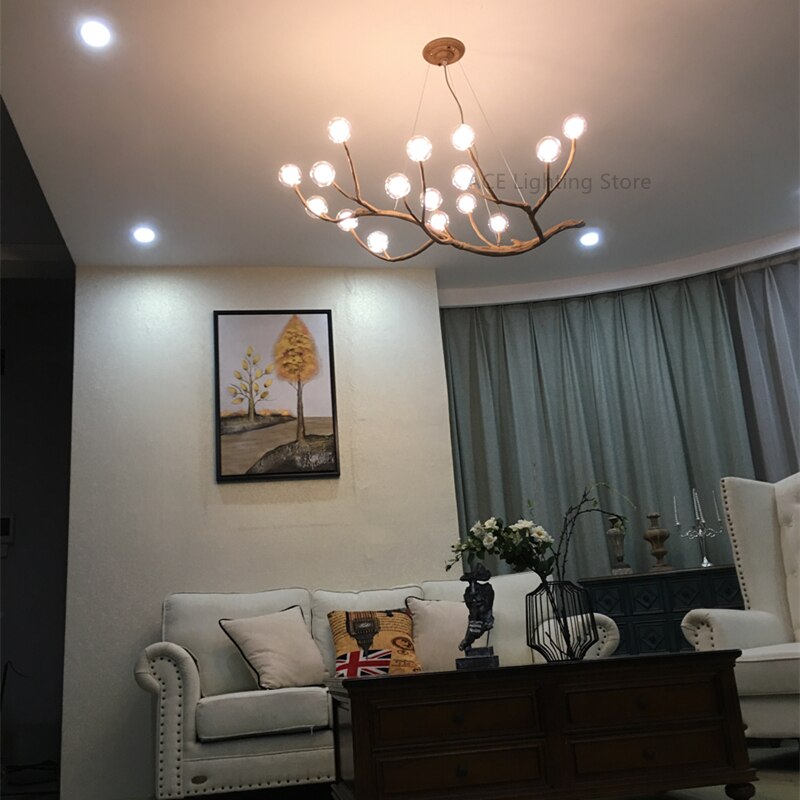 Simulation Resin Iron Tree Branch Glass Bubble Led Pendant Chandelier For Living Room Dining Retro House Decor Hanging Lighting