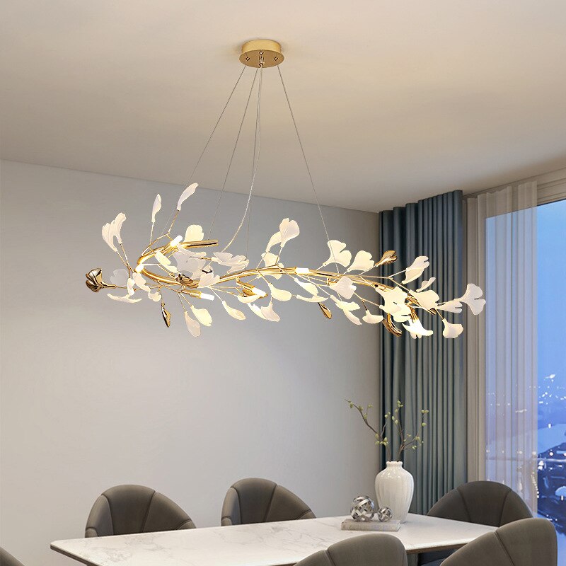 Indoor Lighting Luxury Ceramic Chandelier Live Dining Study Room Ginkgo Branch Leaf Pendant Copper Art Villa Led Hanging Lustres