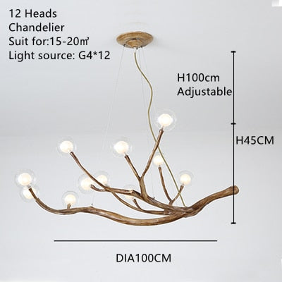 Simulation Resin Iron Tree Branch Glass Bubble Led Pendant Chandelier For Living Room Dining Retro House Decor Hanging Lighting