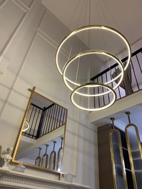 Multi Ring Stainless Steel LED Chandelier - Long Staircase Lighting Fixture