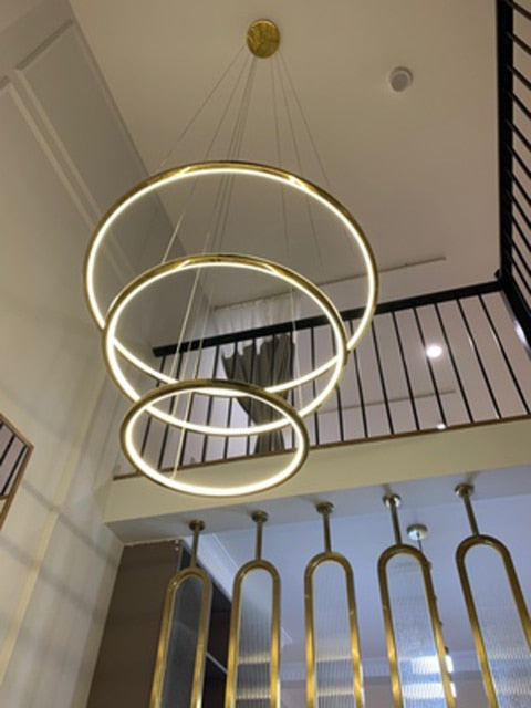 Multi Ring Stainless Steel LED Chandelier - Long Staircase Lighting Fixture