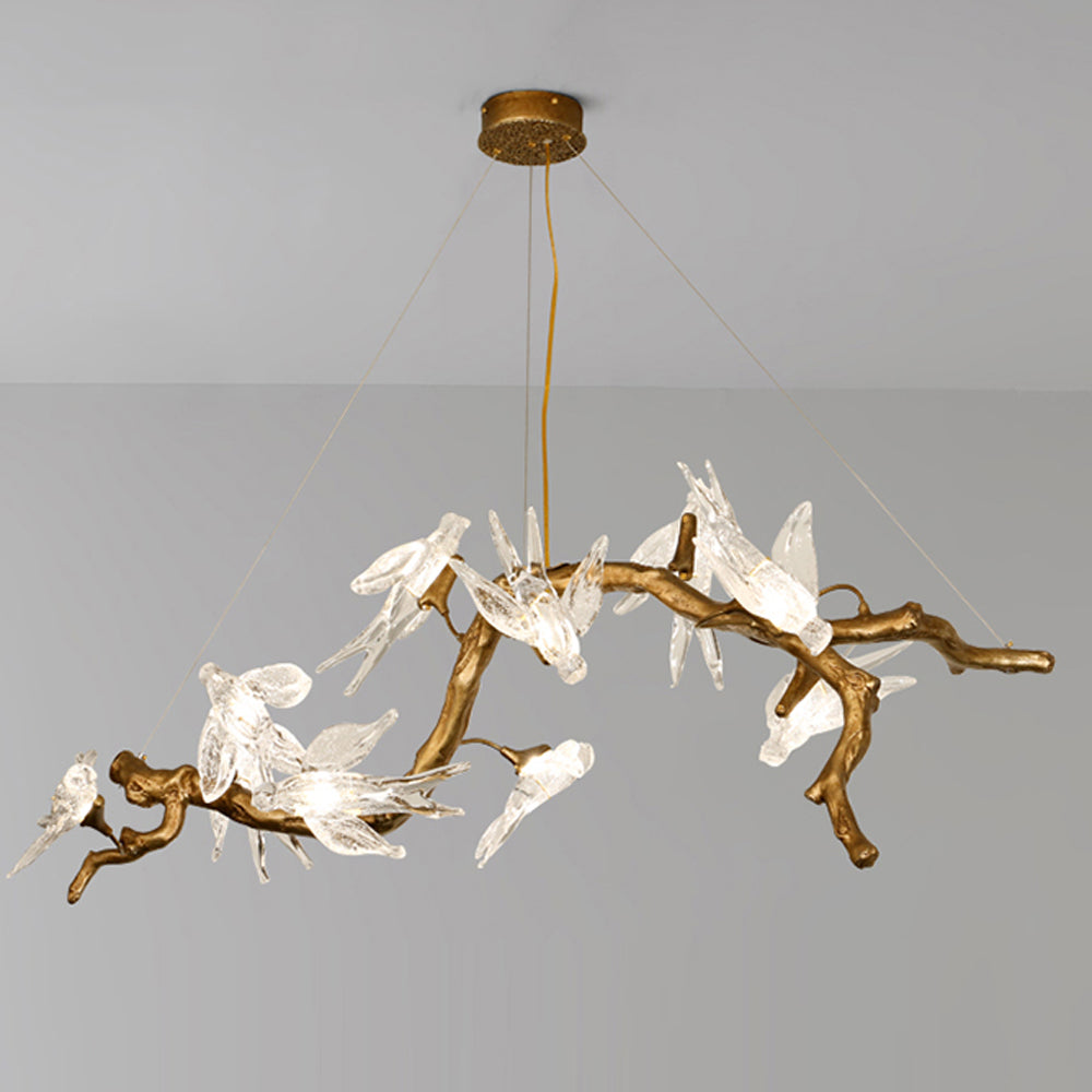 "Flock Perching on a Branch" Modern Artistic Birds & Branch Copper Chandelier